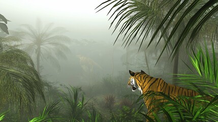 Naklejka premium Misty Morning in the Jungle: A Tiger's Prowl