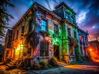 Fototapeta premium Spooky Halloween Light Projections on Abandoned Building Urban Exploration