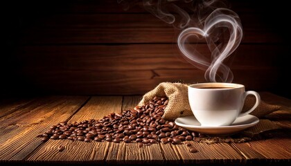 Taza de café con humo en forma de corazón y granos de café sobre un saco de arpillera sobre un fondo de madera vieja © Argiduna