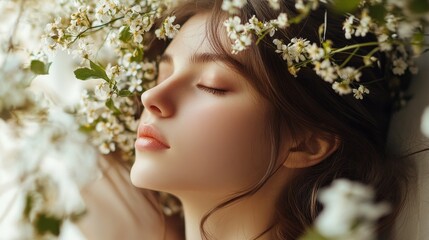 Naklejka premium A woman lies calmly in a lush garden, her hair adorned with delicate flowers. The vibrant blooms enhance the tranquil atmosphere of the cheerful spring day