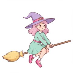 Cartoon Witch Girl Flying on Broom with Purple Hat and Green Dress Artwork