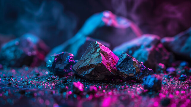 Macro Shot of Raw Cobalt Ore Chunks with Metallic Textures, Dark Industrial Background, Shallow Depth of Field, Natural Mineral Specimen, Mining Resource, High Detail Close-Up