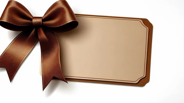 Elegant brown satin ribbon bow atop a blank gift tag