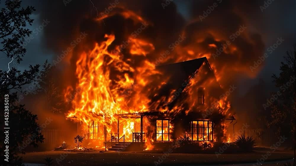 Poster a dramatic scene of a wooden house engulfed in vibrant flames at night. dynamic light contrasts betw