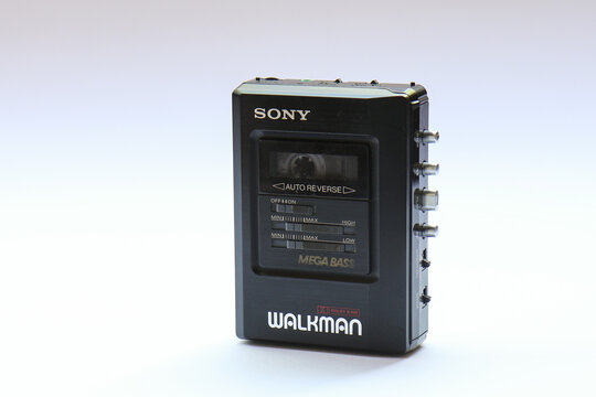 Berlin, Germany - May 3, 2025: Vintage Sony Walkman WM-B47 on white. It was a popular portable cassette player in the 80s and 90s.