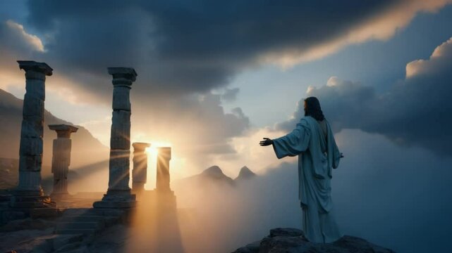 A radiant figure of jesus extends an inviting hand toward sunlit marble ruins under dramatic clouds. Concept of divine guidance and timeless spiritual hope.
