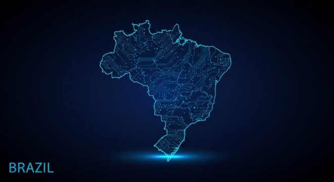Futuristic Brazil Map Glowing Circuitry on Dark Gradient Background, Digital Network