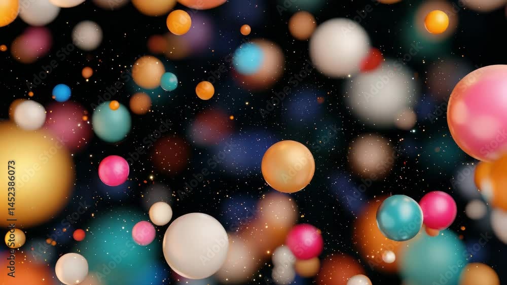 Poster colorful floating round spheres with glowing particles in abstract space background
