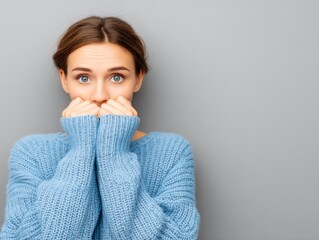 Woman wearing a blue sweater covering mouth with hands, looking directly at camera with worried or nervous expression on gray background.