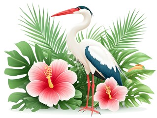 Fototapeta premium A majestic great blue heron stands amidst vibrant hibiscus flowers and lush tropical foliage in a detailed illustration.