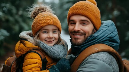 A smiling father embraces his bundled daughter along a snowy forest trail dressed in matching ochre knit hats. Concept of warm family bonding and joyful cold weather adventure.