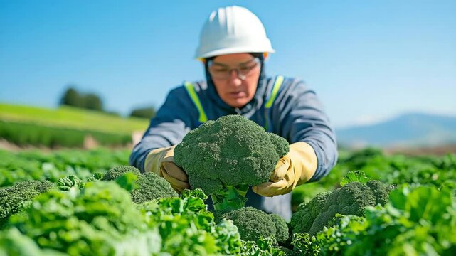 A focused agricultural worker wearing a safety helmet lifts a large fresh broccoli head from lush green rows. Concept of field to fork nutrition and responsible farming practice.