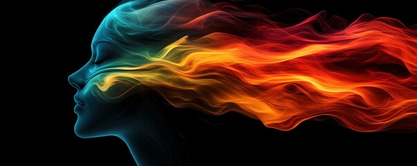 Silhouette of a head filled with abstract colorful motion, symbolizing emotion and thought convergence, glowing psychedelic flow, artistic concept, visually striking, ultradetailed