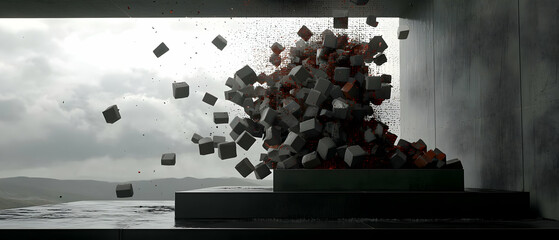 Cubic fragments explode from a platform against a grey backdrop