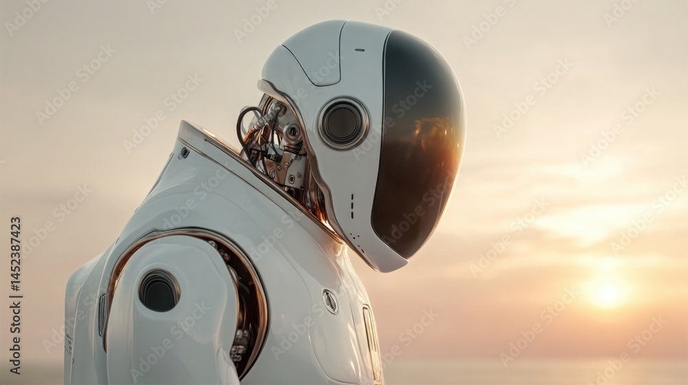 Aufkleber a white robot standing on a beach symbolizing the integration of personal ai trading avatars in mode