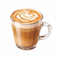 Caramel Latte in Clear Glass Mug with Foam Art Design on White Background