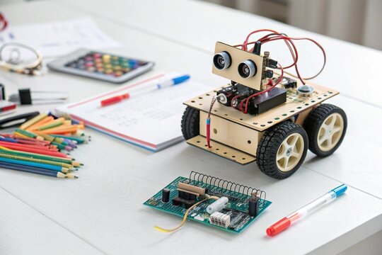 Hand made robot working on the arduino platform. White background. Free space for text. STEM education for children and teenagers, robotics and electronics. DIY. AI. STEAM