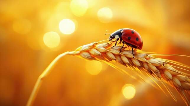 A ladybug perched on the tip of an ear of wheat, captured through macro photography