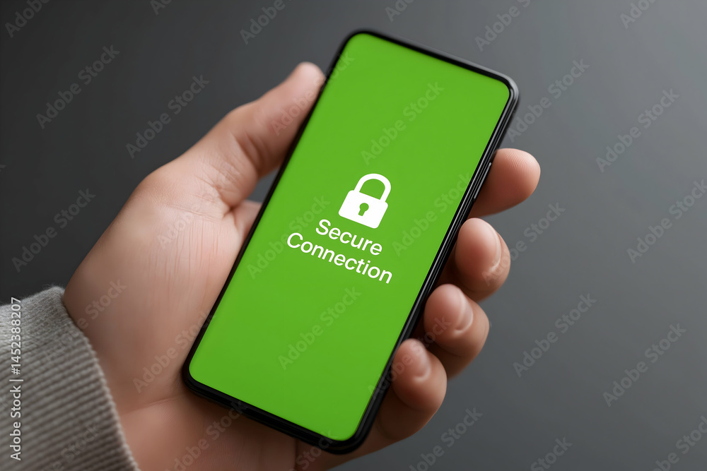 Poster a person holding a smartphone displaying a green screen with a lock icon and the words 