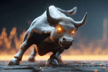 A metallic bull with glowing eyes stands ready to charge, set against a dramatic background with fiery orange highlights.