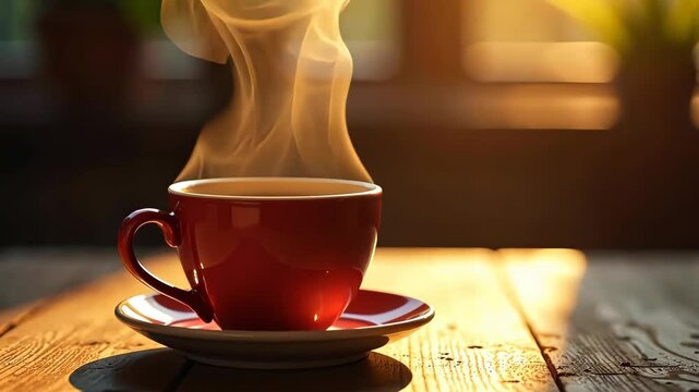 A steaming cup of joe on a rustic wooden table in the warm morning sun.