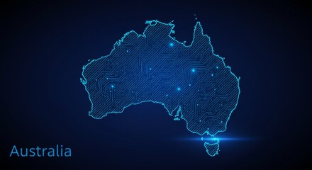 Australia's Futuristic Silhouette: A Glowing, High-Tech Map Visualization in Blue Hues © Firman Dasmir