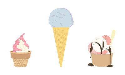 Variety of ice creams. Ice cream cones, cups and sundaes vector illustration collection set on white background