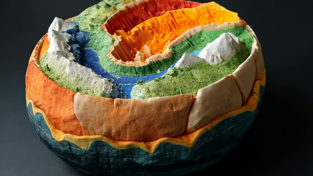 A 3D model of a tiny world cross-section showcases geological layers, terrain with mountains and water.