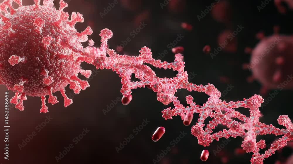 Poster microscopic virus structure showing rna virus particle and infection with floating virus cells