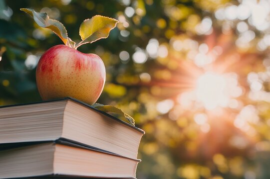 Apple with leaves resting on a stack of books against a background of blurred sunlight bokeh