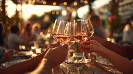 Friends raise a toast with glasses of rosé wine at a sunset gathering. Warm golden hour light bathes the scene, creating a celebratory and joyful atmosphere.