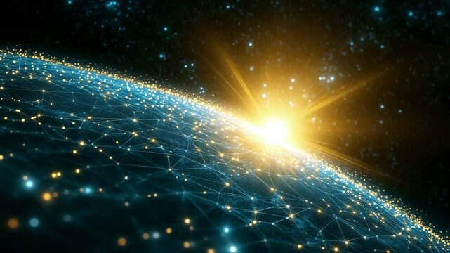 Glowing sunrise over digital earth: network connectivity and global technology