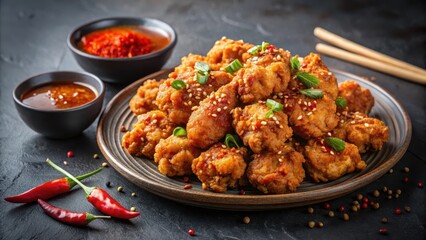 Crispy fried chicken pieces on a plate with a side of spicy Korean chili flakes and a drizzle of soy sauce, restaurant food, Asian cuisine