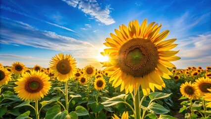 Obraz premium Golden sunflowers stretch towards the sky against a bright blue cloudless summer sky, countryside