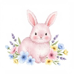 Obraz premium Watercolor Illustration of a Pink Bunny Surrounded by Pastel Flowers on White