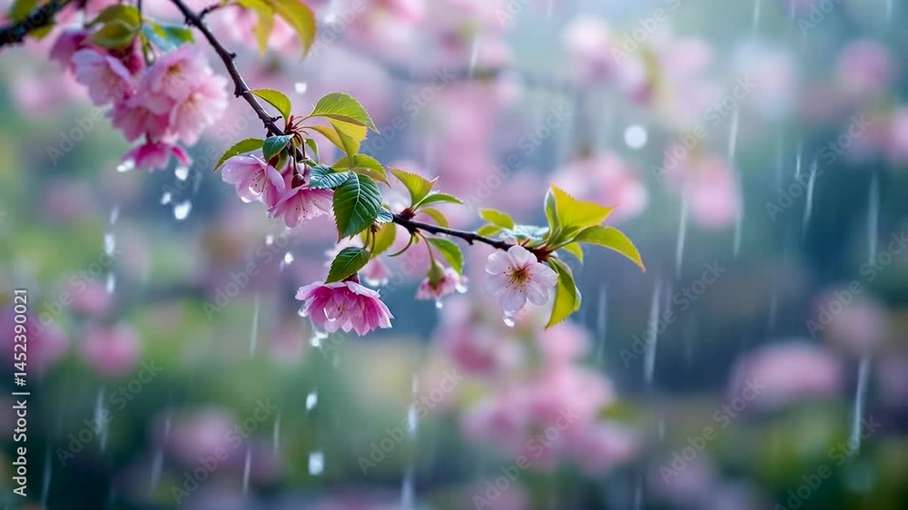 Poster soft pink cherry blossoms on a delicate branch, drizzled with rain droplets. the background is a dre