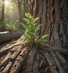 Fototapeta premium Delicate new plant pushes through weathered stump, intricate detail, sunlight , vibrant green, close up