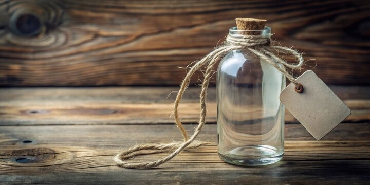 A delicate glass bottle tied with a thin, white string wrapped around it, sitting on a rustic wooden table, with a small price tag attached to the string, price tag, packaging