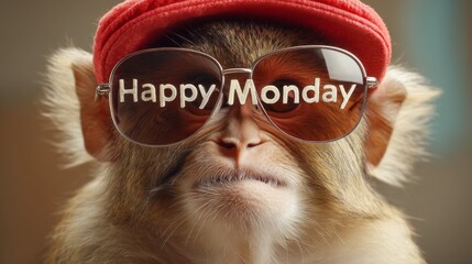A playful monkey expresses joy while donning stylish sunglasses and a bright red cap. The vibrant atmosphere highlights the cheerful start of a new week on a lovely Monday morning