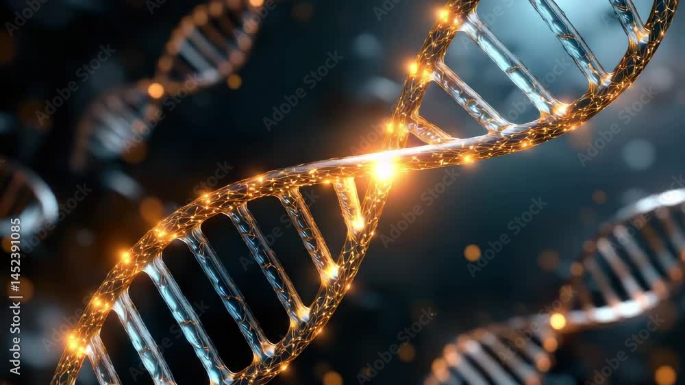 Poster glowing dna strand with light in dark background showing genetic science and molecular structure