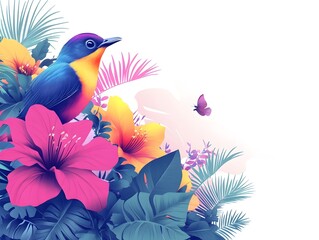 A vibrant illustration features a colorful bird perched amongst lush tropical flowers and leaves against a white background.