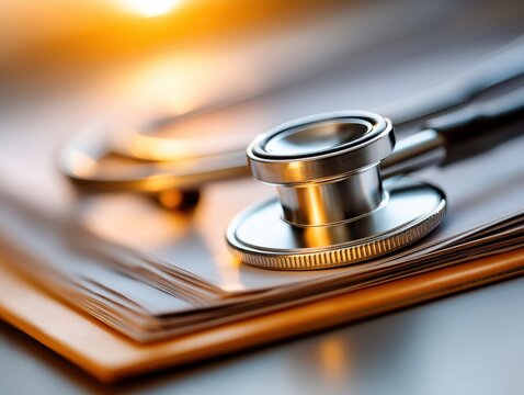 Close-up of a stethoscope lying atop a stack of patient medical records for healthcare or insurance documentation