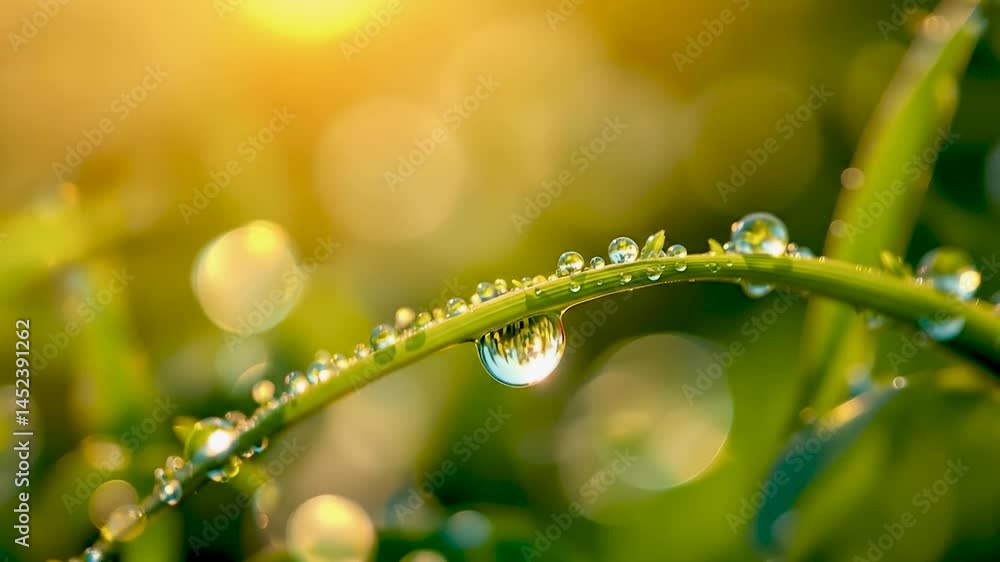 Poster close-up of dew droplets on vibrant green grass blades, illuminated by soft golden sunlight. the bac