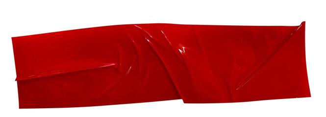 Crumpled torn pieces of red packing tape, adhesive sealing tape, sticky torn plastic on transparent background