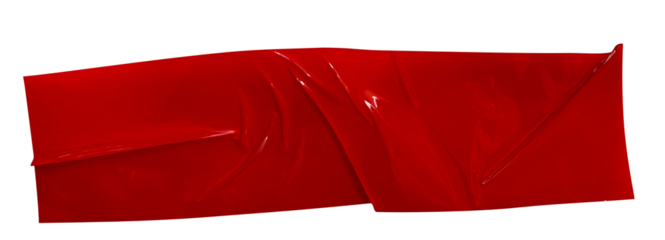 Crumpled torn pieces of red packing tape, adhesive sealing tape, sticky torn plastic on transparent background