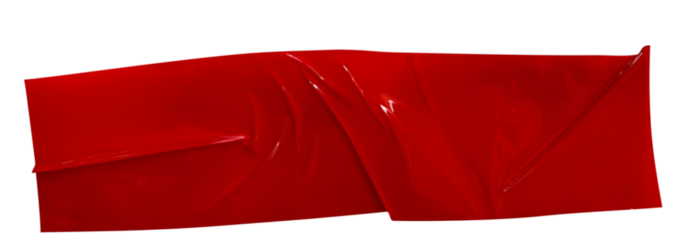Crumpled torn pieces of red packing tape, adhesive sealing tape, sticky torn plastic on transparent background