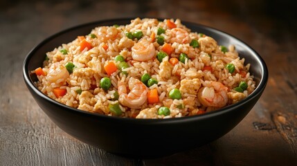 Stir-fried yangzhou fried rice with shrimp, peas, carrots, and egg, wok hei visible, served in a porcelain bowl.