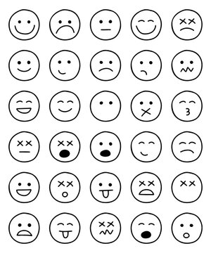Naklejki Emojis faces icon in hand drawn style. Doodle Emoji face icon set. set of emoji in round shapes. Face Emotions