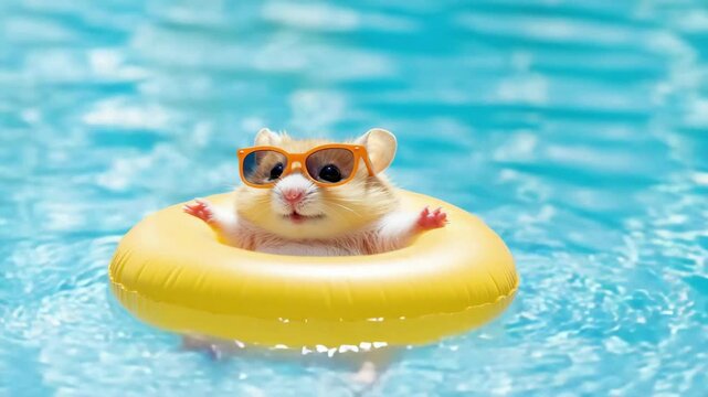 Sunglasseswearing hamster enjoys relaxation on yellow float in blue pool