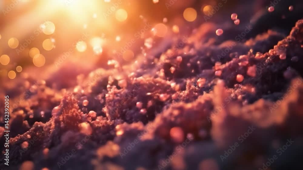 Poster a close-up of textured sand illuminated by warm sunlight. fine particles shimmer, creating a dreamy 